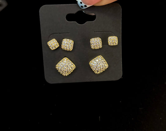 3pc Square Gold Studs